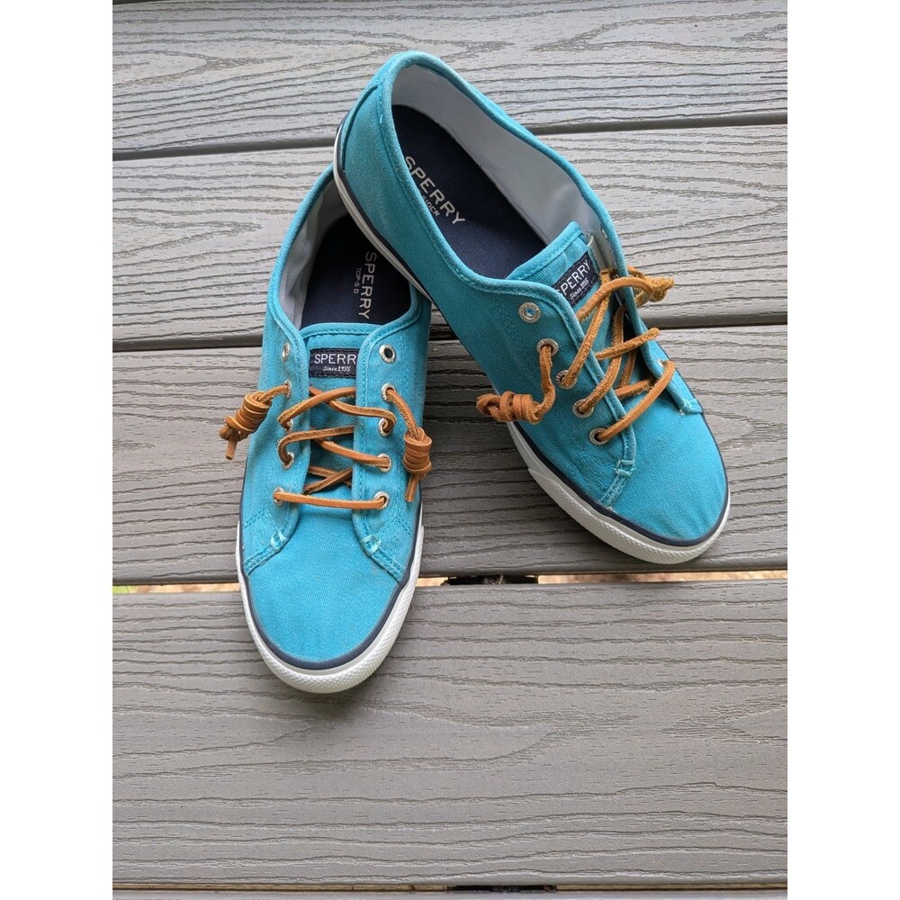 Sperry Top Sider Womens 9 M Tennis Shoes Turquoise Leather Laces Low Top Sneaker
